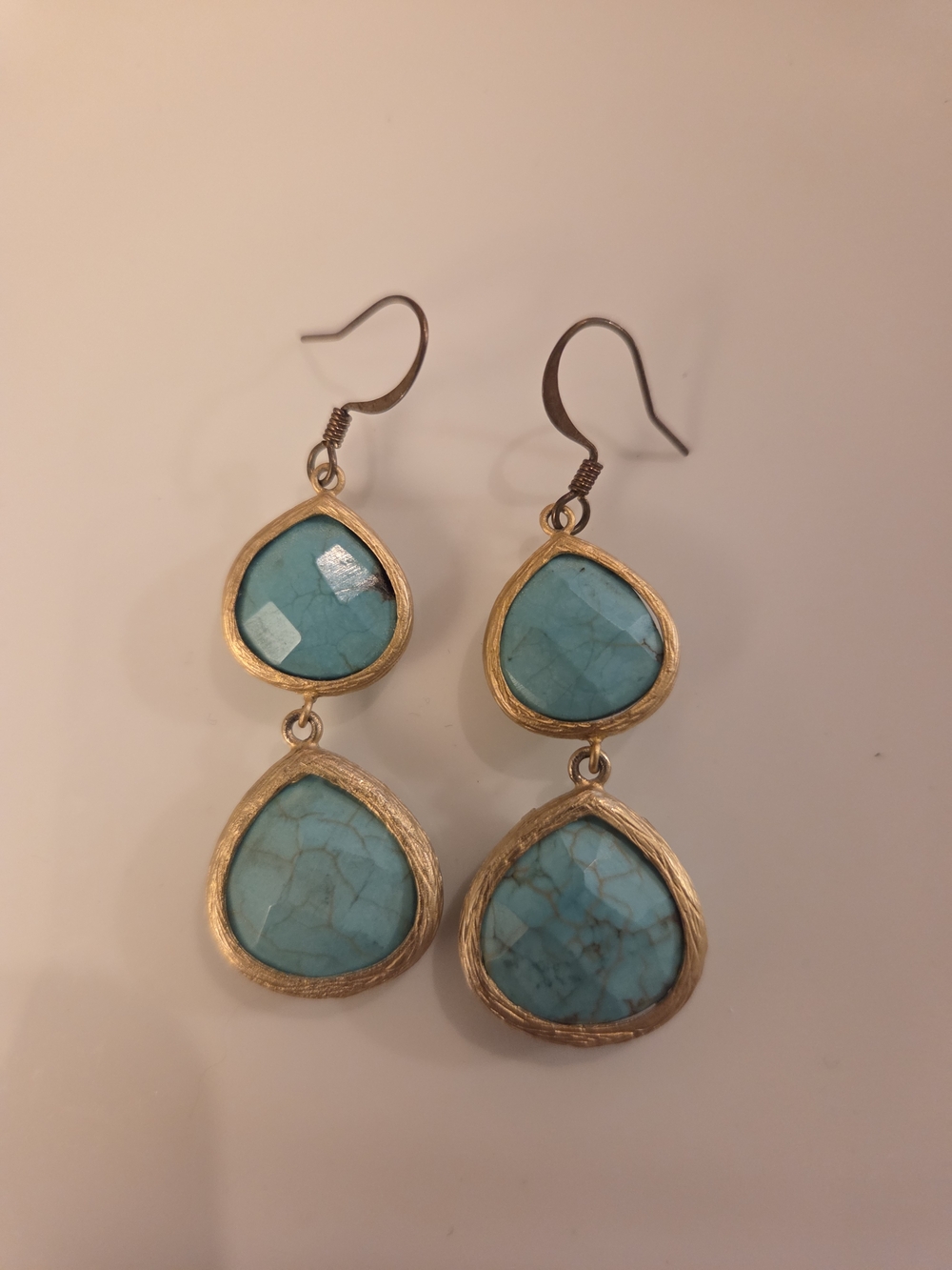 Hammered Gold-Trim Teardrop Turquoise Dangle Earrings - Women Jewelry